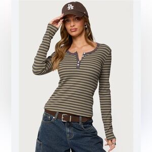 Edikted Roma Green Striped Long Sleeve Henley Top